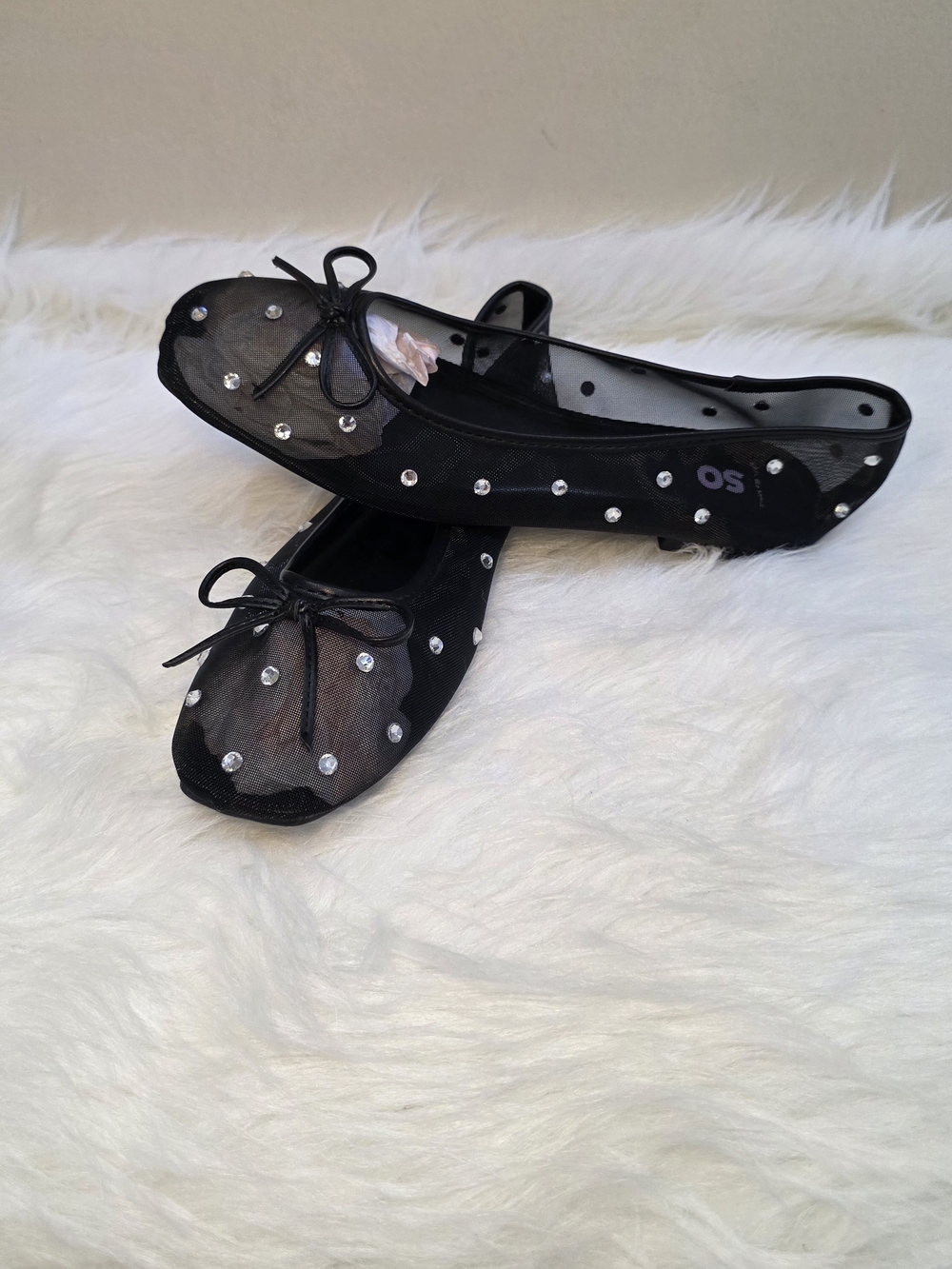 SO Black Rhinestone Mesh Ballet Flats
